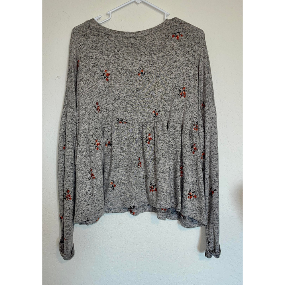 Francesca's Emma Floral Babydoll Top Gray Embroidery